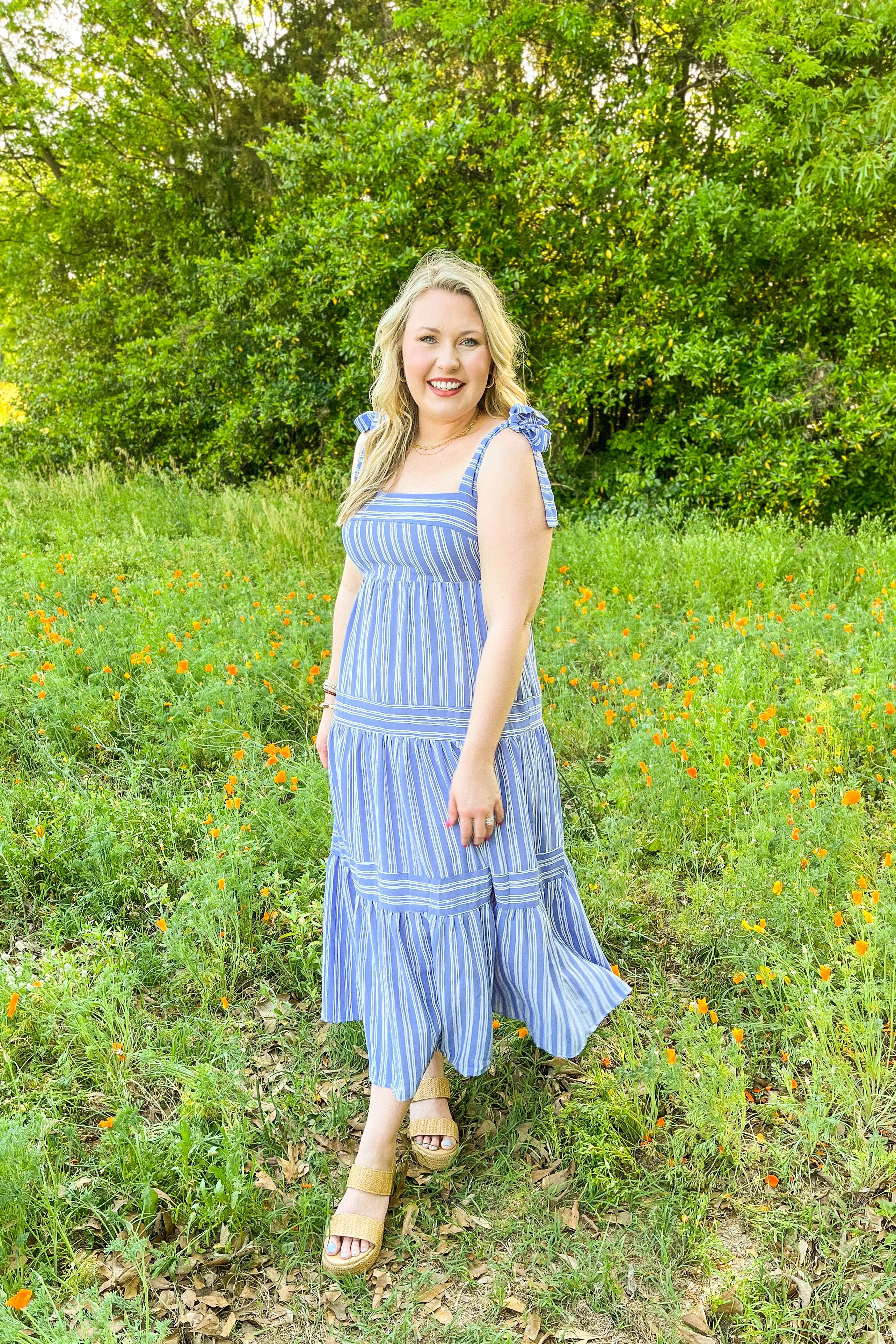 Walking By You Striped Midi Dress, Blue/White