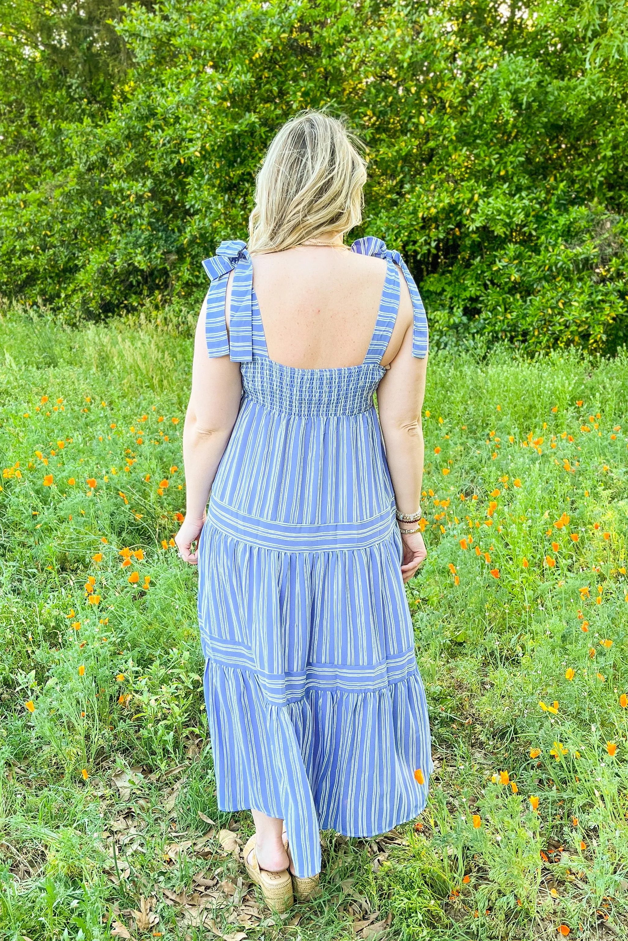 Walking By You Striped Midi Dress, Blue/White