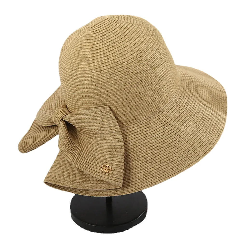 Women Foldable Rear Split Design Bow Straw Hat Adjustable Breathable Summer Casual Wild Sunshade Bucket Hat