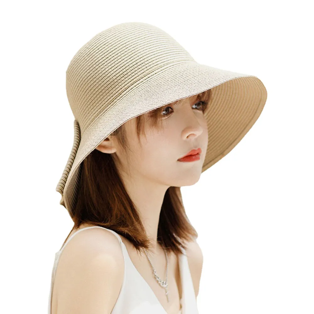 Women Foldable Rear Split Design Bow Straw Hat Adjustable Breathable Summer Casual Wild Sunshade Bucket Hat