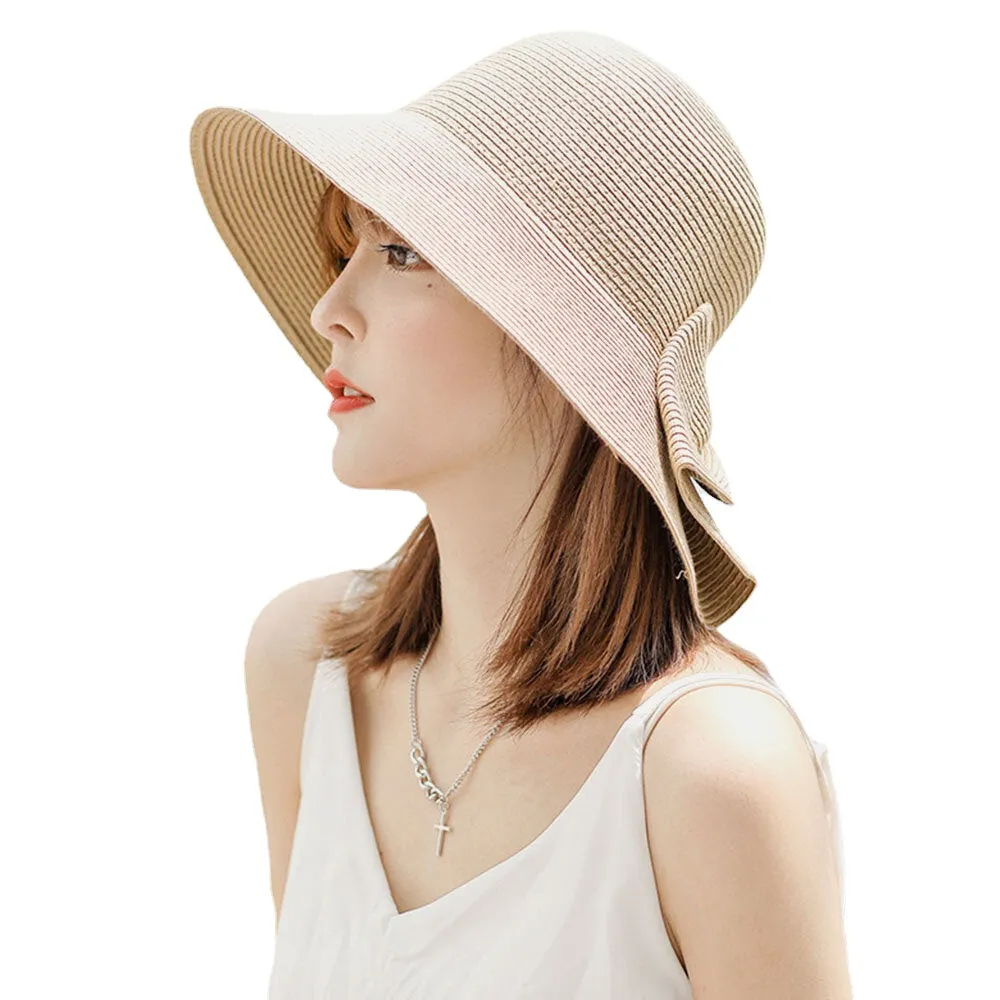 Women Foldable Rear Split Design Bow Straw Hat Adjustable Breathable Summer Casual Wild Sunshade Bucket Hat