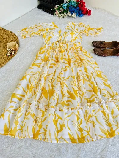 Yellow Digital Print Summer Wear Georgette Dress