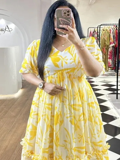 Yellow Digital Print Summer Wear Georgette Dress